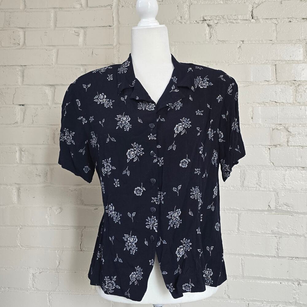 Vintage 90s Saville Navy Blue Ditsy Floral Camp Shirt | Short Sleeve Rayon Top